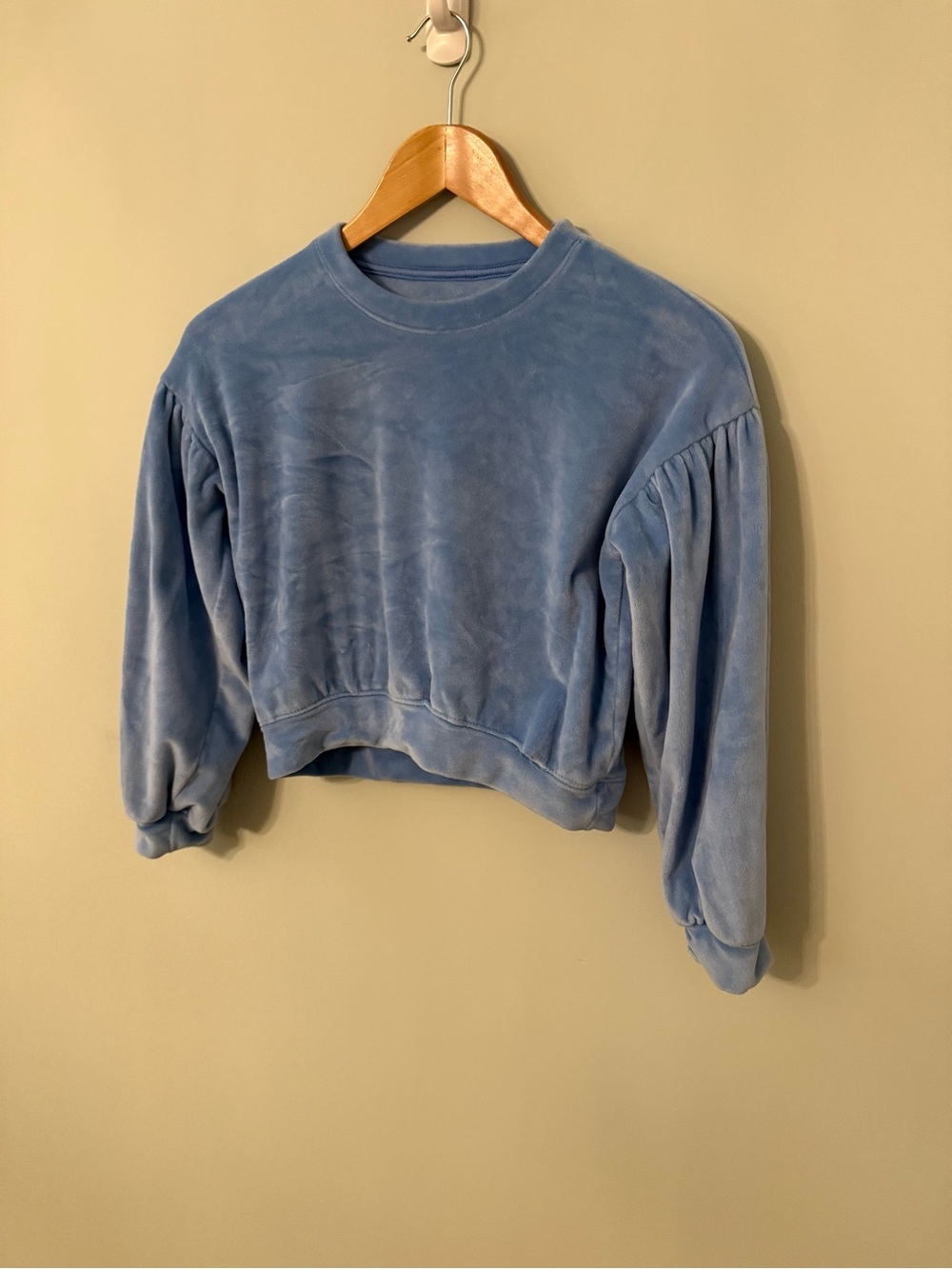 Girls Blue Velvet Puff-Sleeve Cropped Sweatshirt - Size 8